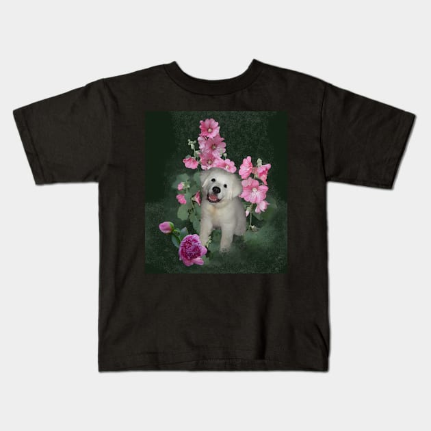 Sweet Puppy and Pink Flowers Kids T-Shirt by WhiteBearDesign